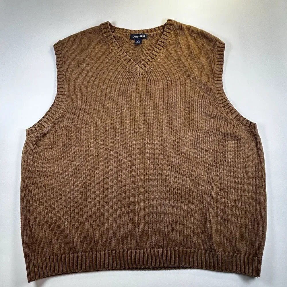 Vintage Lands End V-neck Sweater Vest Brown Tan 100% Cotton Hong Kong Mens XXL
